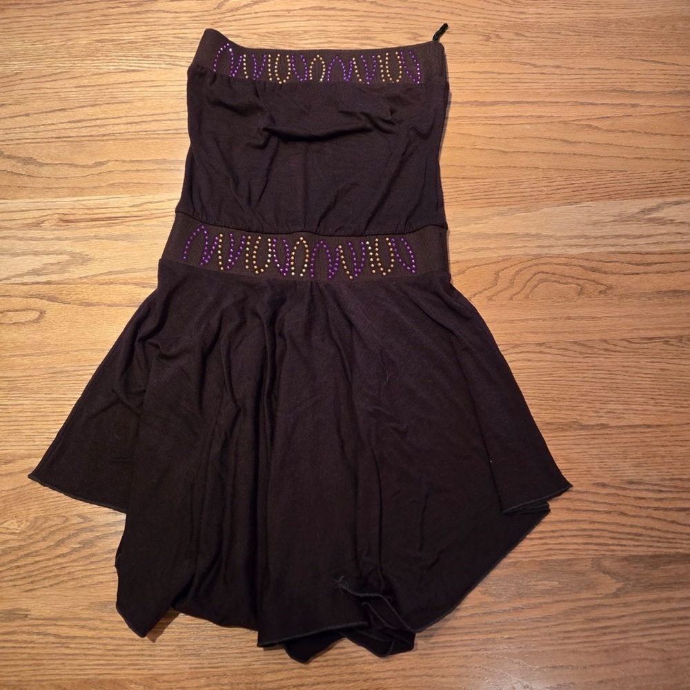Vintage Y2K Dress S Strapless Asymmetrical Rhinestone Brown Bling Fairy Purple
